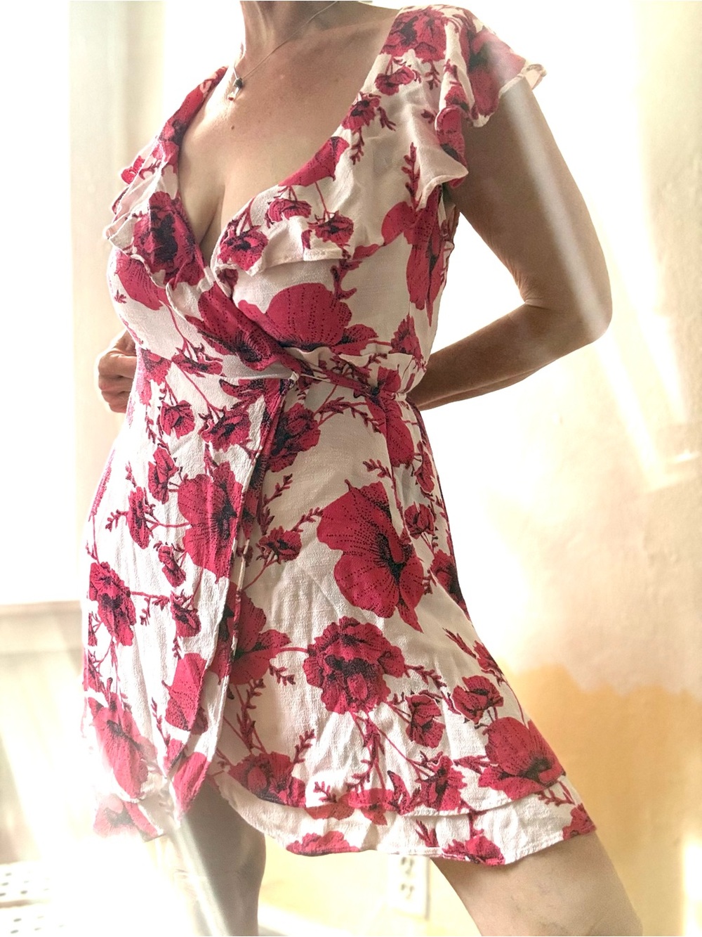 Free People Size L Red Poppy Floral Ruffle Sleeveless Wrap Dress